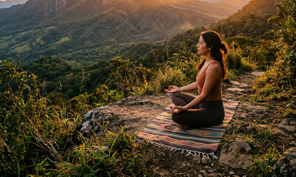 Woman sitting cross-legged on a mat meditating outdoors with mountains and sunset in background